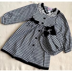 Vintage 90s MiMi Fashion Dress & Hat Set Girls 4T Gingham Check Bow Lace Collar